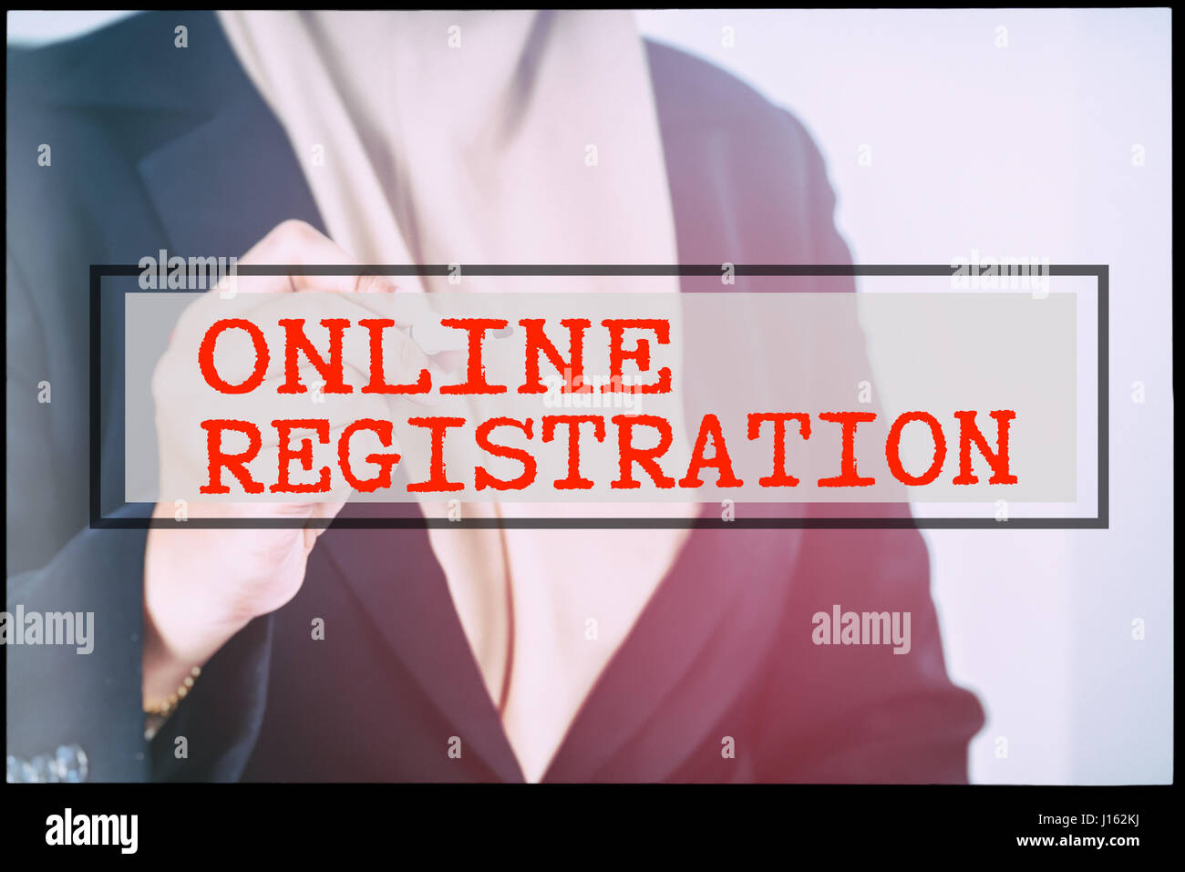 Hand and text ONLINE REGISTRATION with vintage background. Technology ...