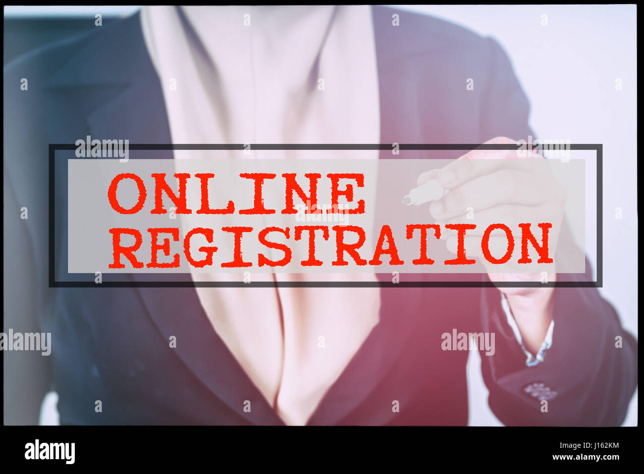 Hand and text ONLINE REGISTRATION with vintage background. Technology ...