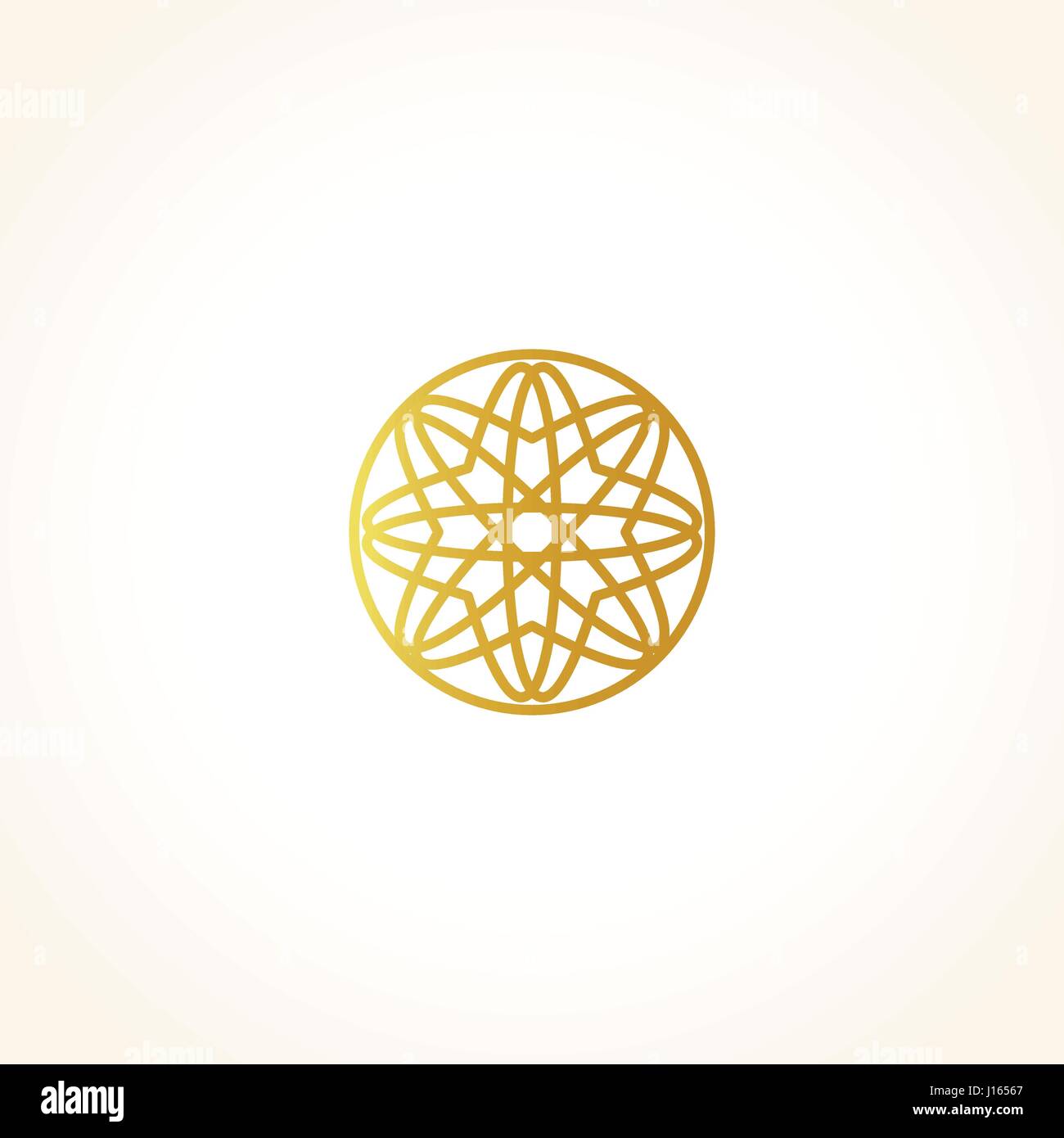 Isolated abstract round shape golden color logo, decorative luxurious gold logotype, floral pattern vector illustration on black background Stock Vector