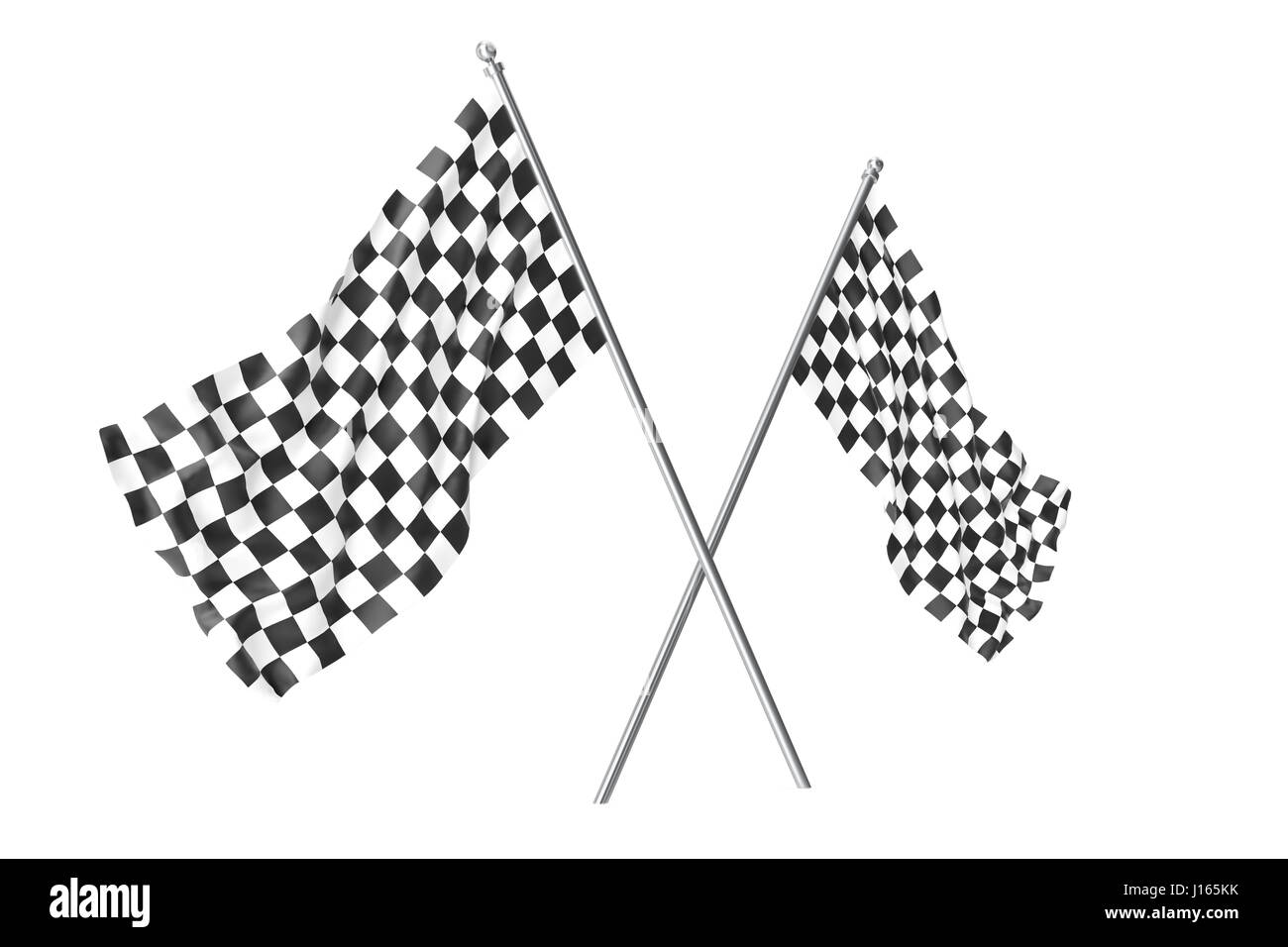 Two crossed race checkered flags, finishing checkered flag, 3d rendering isolated on white Stock Photo