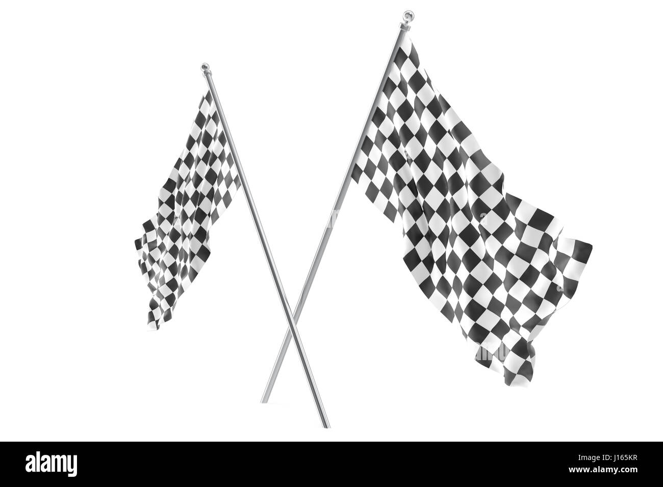 Two crossed race checkered flags, finishing checkered flag, 3d rendering isolated on white Stock Photo