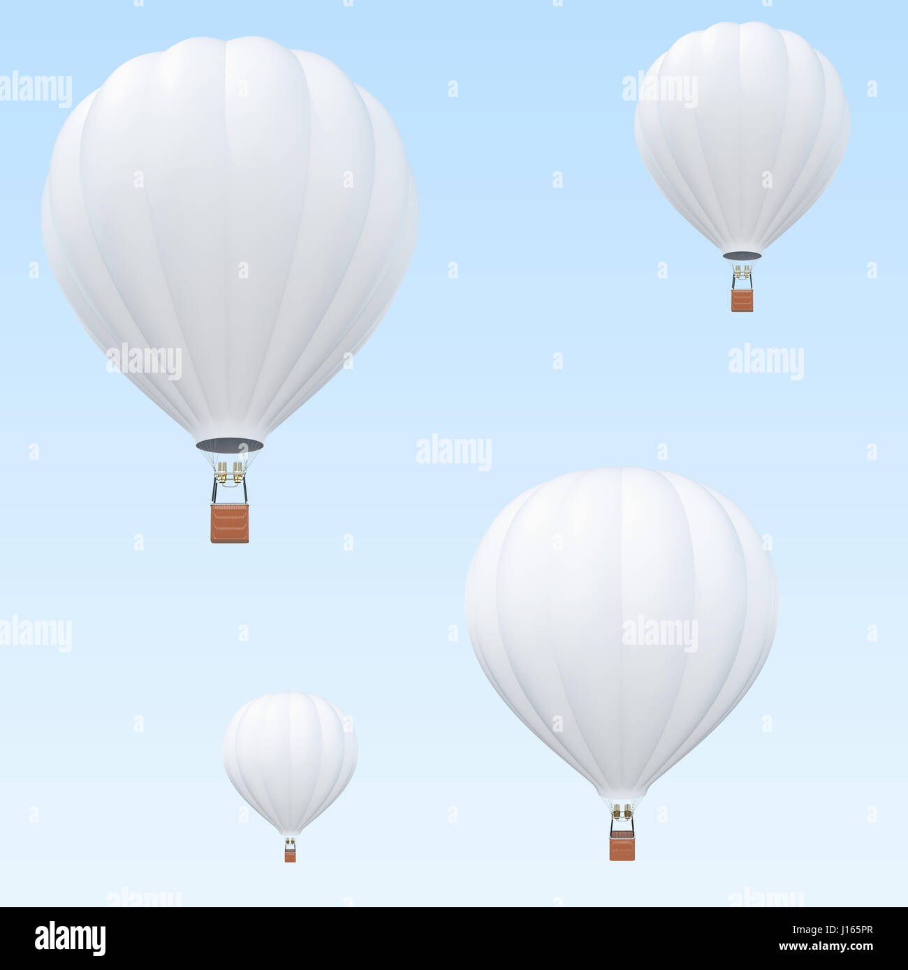 Hot Air balloons, white hot air balloons with basket on sky background. 3d rendering Stock Photo