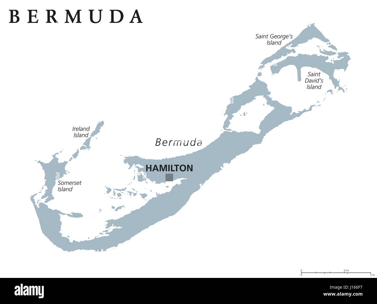 Bermuda political map with capital Hamilton. British Overseas Territory in the North Atlantic Ocean. Member of the Caribbean Community. Illustration. Stock Photo
