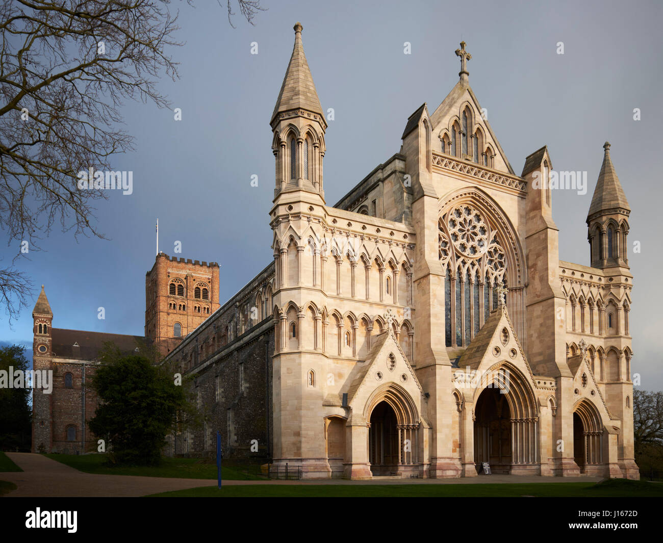 St Albans Cathedral (also known as St Albans Abbey), St Albans, UK. View from the West. Stock Photo