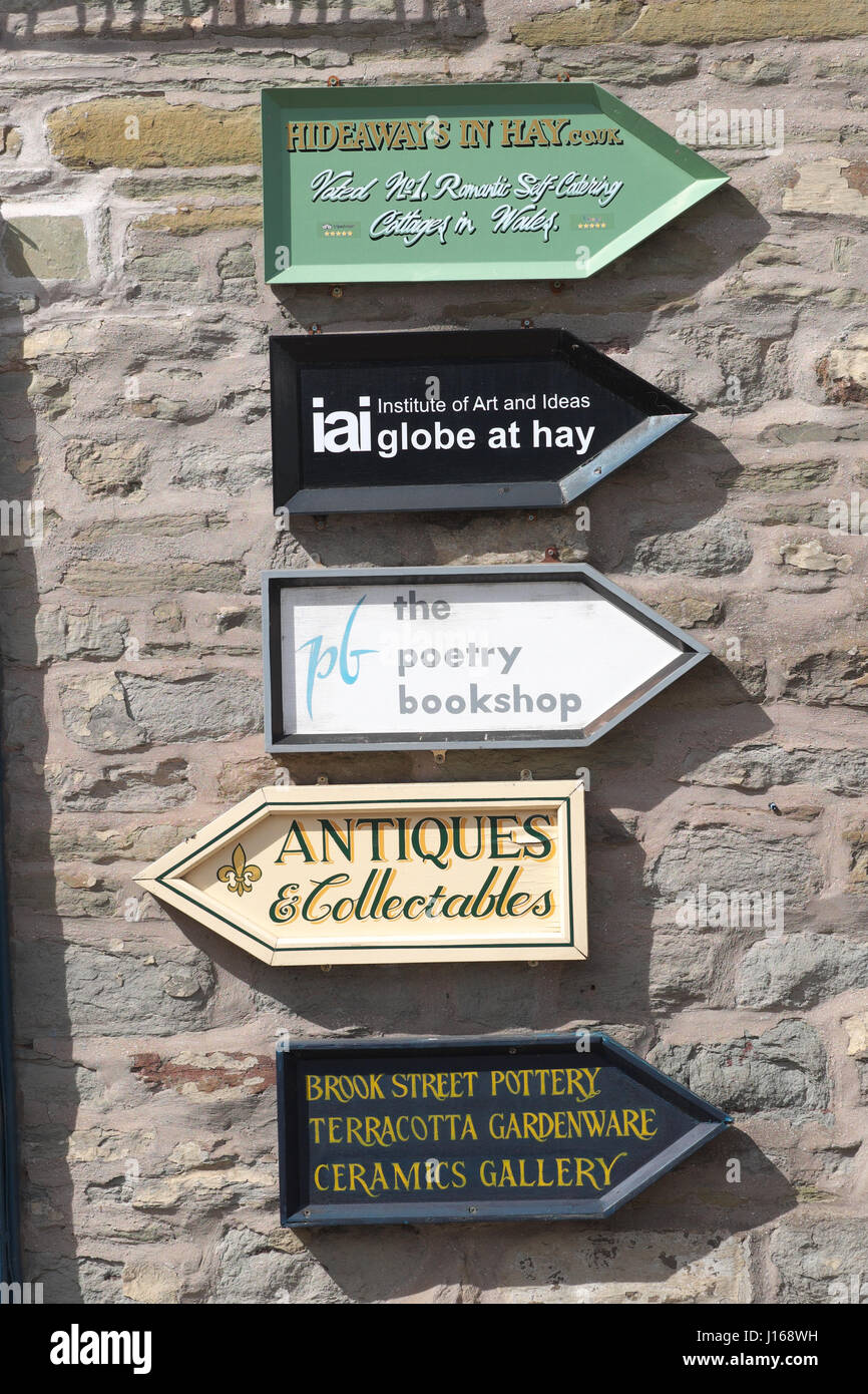 Hay on Wye, Wales - shop signs to bookshops and art galleries in Hay-on-Wye UK Stock Photo