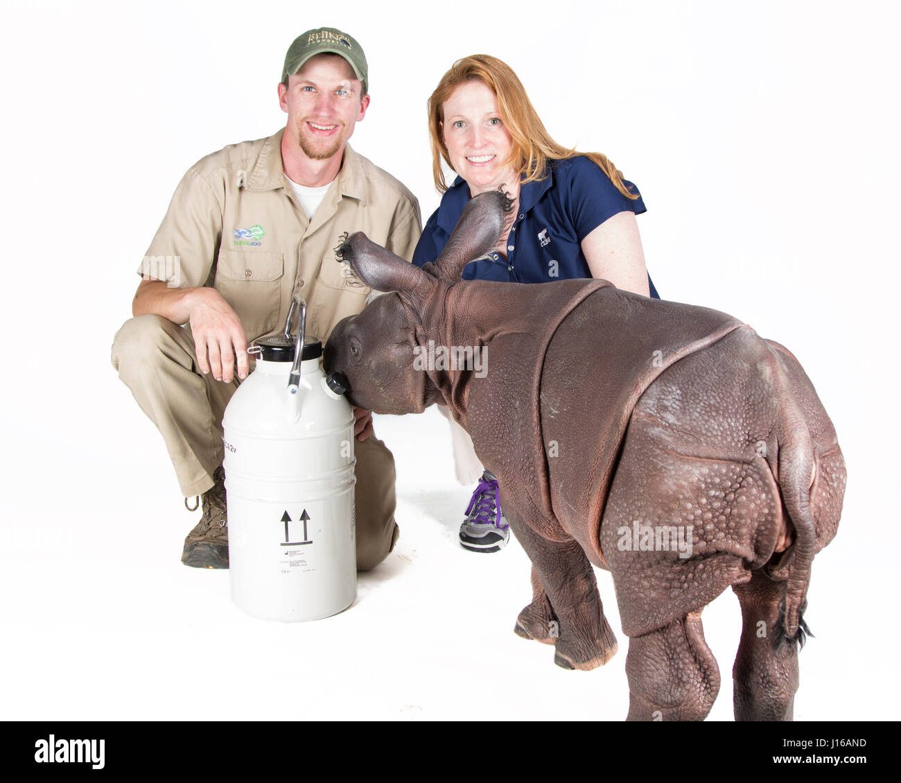 BUFFALO ZOO, USA: Zookeeper Joe Hauser and scientist Dr Monica Snoops pose next to Monica the baby rhino and an artificial insemination unit. THE WORLD’S FIRST test-tube rhino whose father died a DECADE ago is a real cutie. This two-week old female Indian rhino calf’s father “Jimmy” died in 2004 and baby rhino Monica was only born thanks to the sperm being frozen and used to impregnate her mother. Staff at Buffalo Zoo in the US managed to use artificial insemination techniques to bring one more of this rare species into the world. Only 2,500 Indian rhinos remain alive in the wild. Mother Tashi Stock Photo