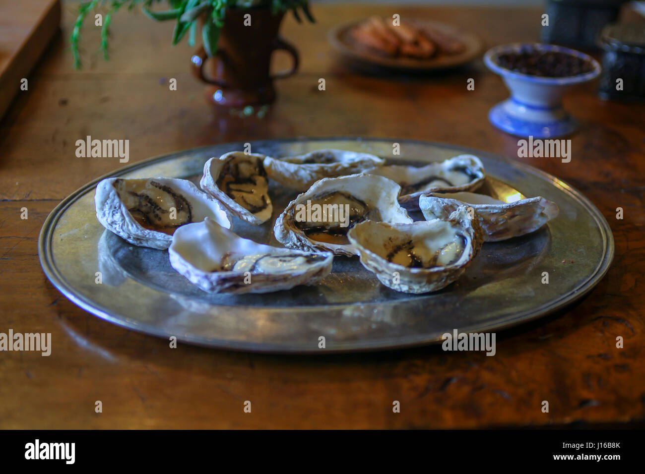 Oysters on a plate on the table Stock Photo