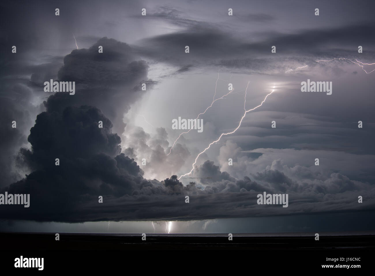 JAIBIRU, AUSTRALIA: AN OFF-DUTY emergency services officer managed to capture the hair-raising moment lightning shot UPWARDS into the sky before falling back to earth. You would be forgiven for thinking that lightning only strikes downwards from the clouds, but as this extraordinary picture proves bolts of electricity can travel upwards as-well-as downwards. Other pictures by Australian emergency services officer Scott H. Murray show the difference between this rare lighting strike and conventional yet still awe-inspiring lightning storms the country experiences each year from March to May. Stock Photo