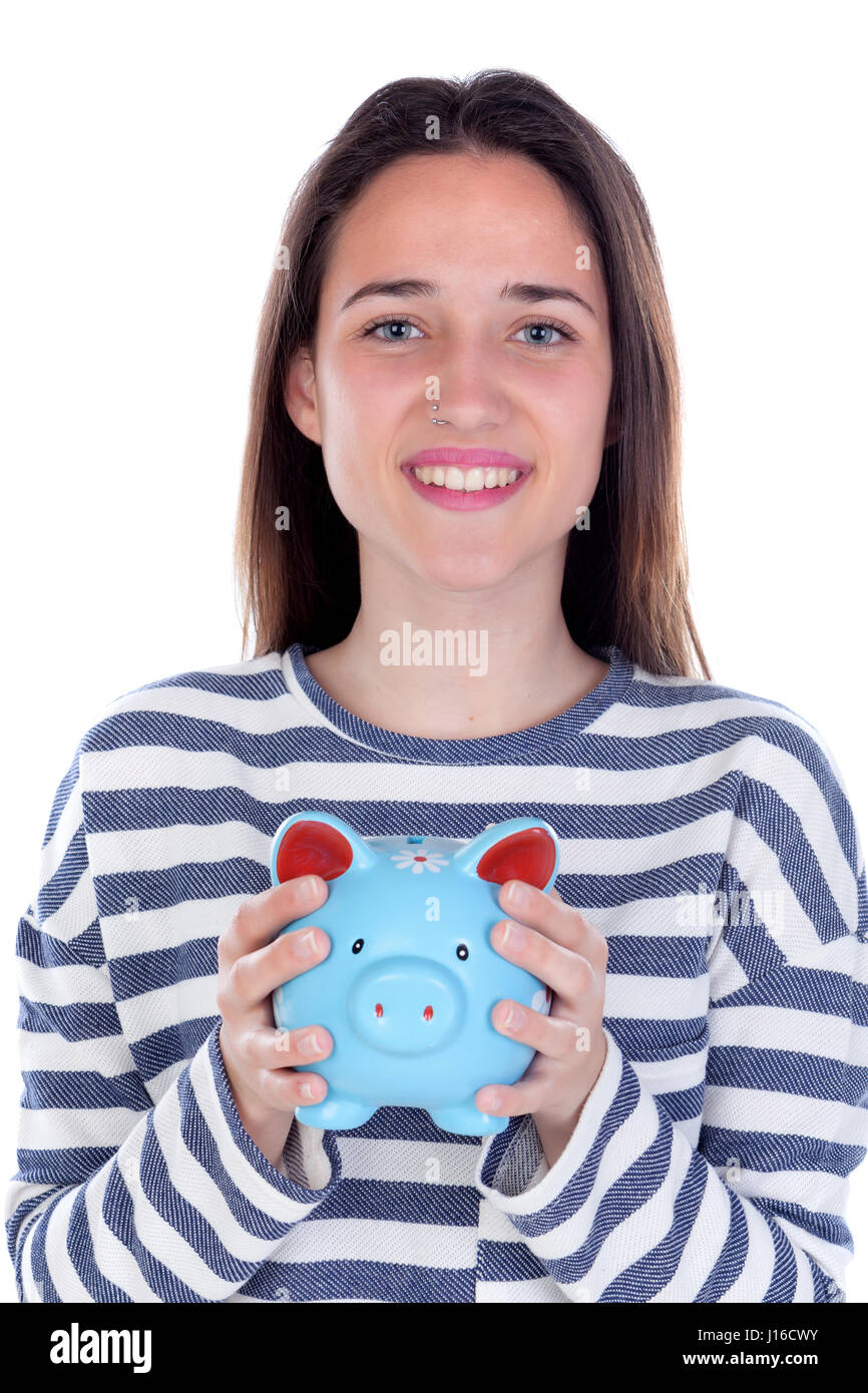 Teenager girl with blue piggy bank isolated on a white background Stock ...