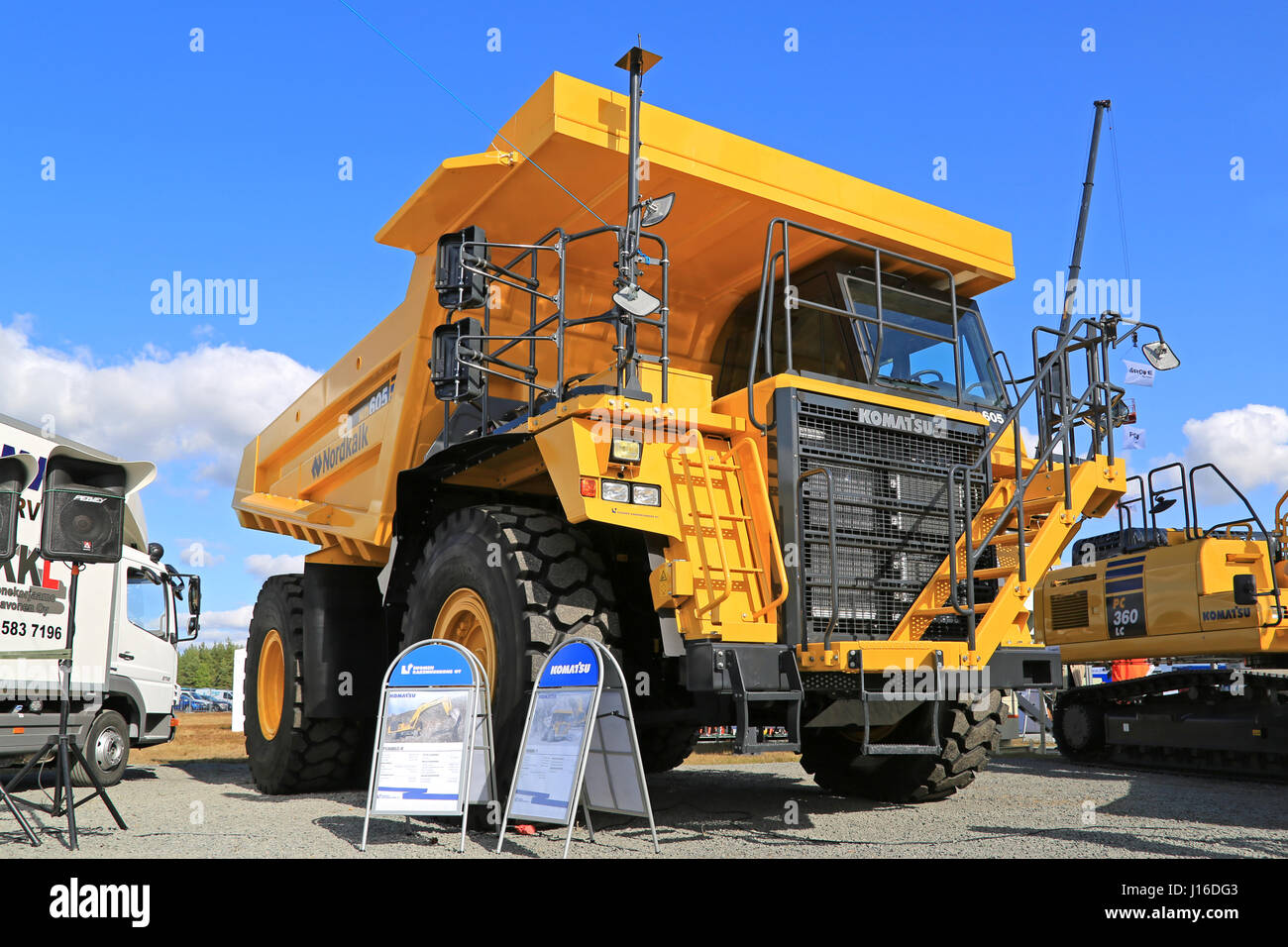 HYVINKAA, FINLAND - SEPTEMBER 11, 2015: Komatsu HD605 Rigid dump truck for mining on display at MAXPO 2015. Stock Photo