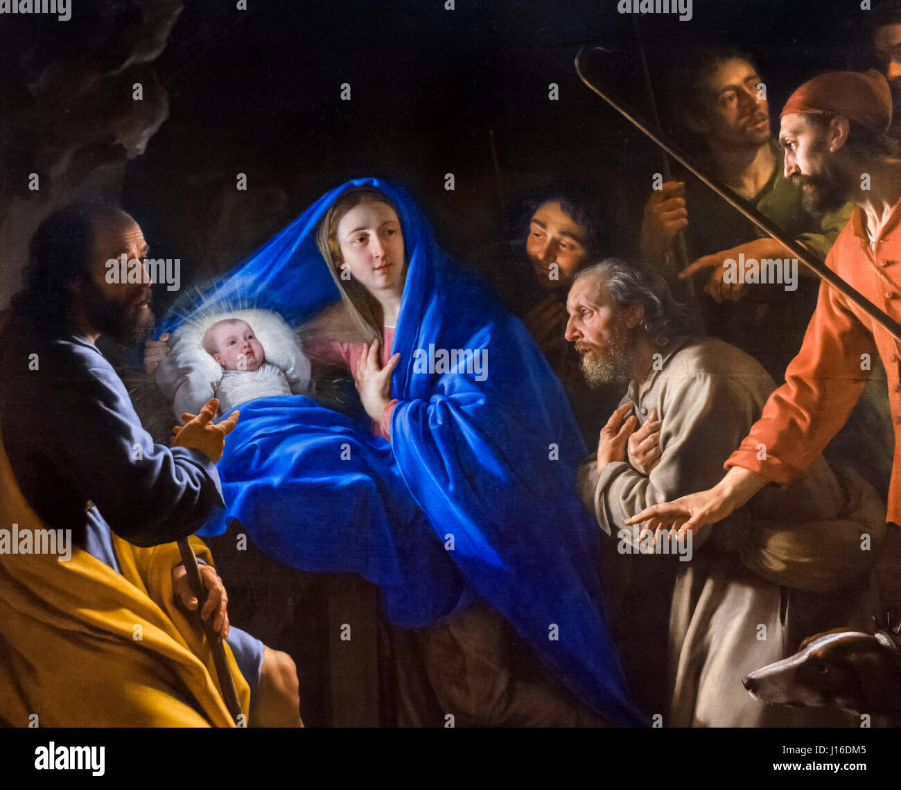 Nativity Scene. "The Adoration of the Shepherds" by Philippe de Champaigne (1602 - 1674), oil on canvas, c.1645. Detail from a larger painting J16DMC. Stock Photo
