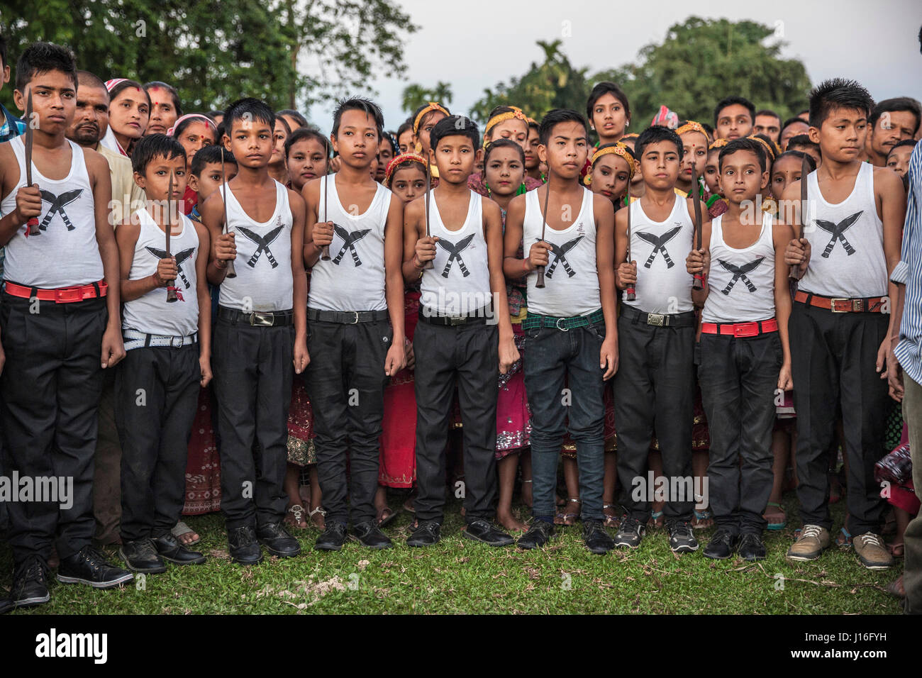Nepali boys wear t-shirt with khukuri, the national knife of Nepal. Stock Photo