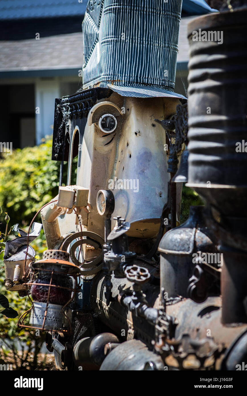 Florence Avenue, Sebastapol, Calfornia. The residents here have embraced the 'junk art' by Patrick Amiot by putting them in their gardens. Stock Photo