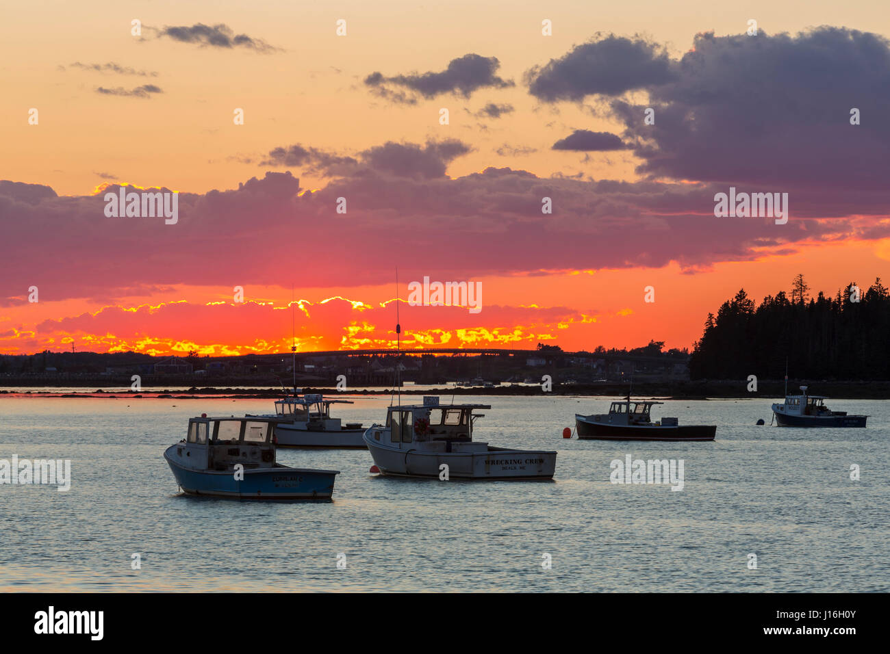 Lobster Boats In The Harbor At Sunset, Beals, Maine Stock Photo Alamy