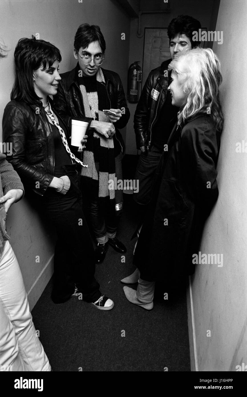 Joan Jett of The Runaways with Chris Stein, Clem Burke, and Debbie Harry of Blondie backstage at the Tower Theatre in Philadelphia, PA at a gig featuring The Runaways, The Jam, and The Ramones. March 18, 1978. © mpi09 / MediaPunch Stock Photo