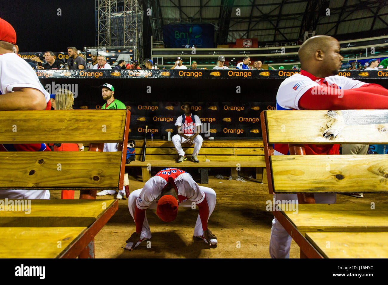 A Cuban Baseball Player Crouches Down In A Stretch In The Dugout In The Dominican Republic Stock Photo
