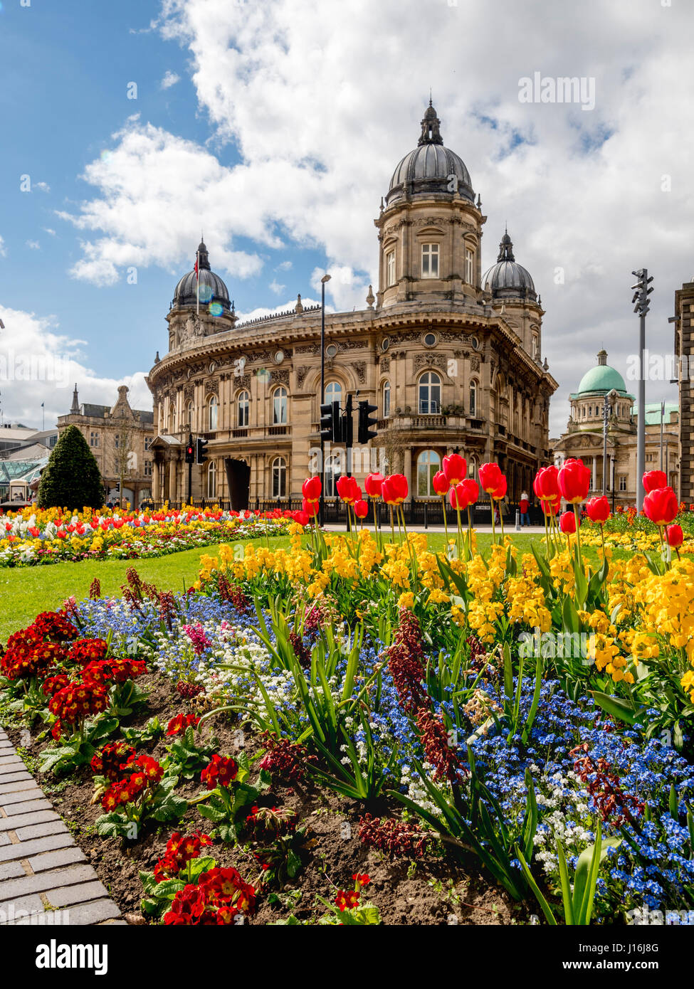 Flower beds in Queen's Gardens with Maritime Museum in background, Hull, UK. Stock Photo