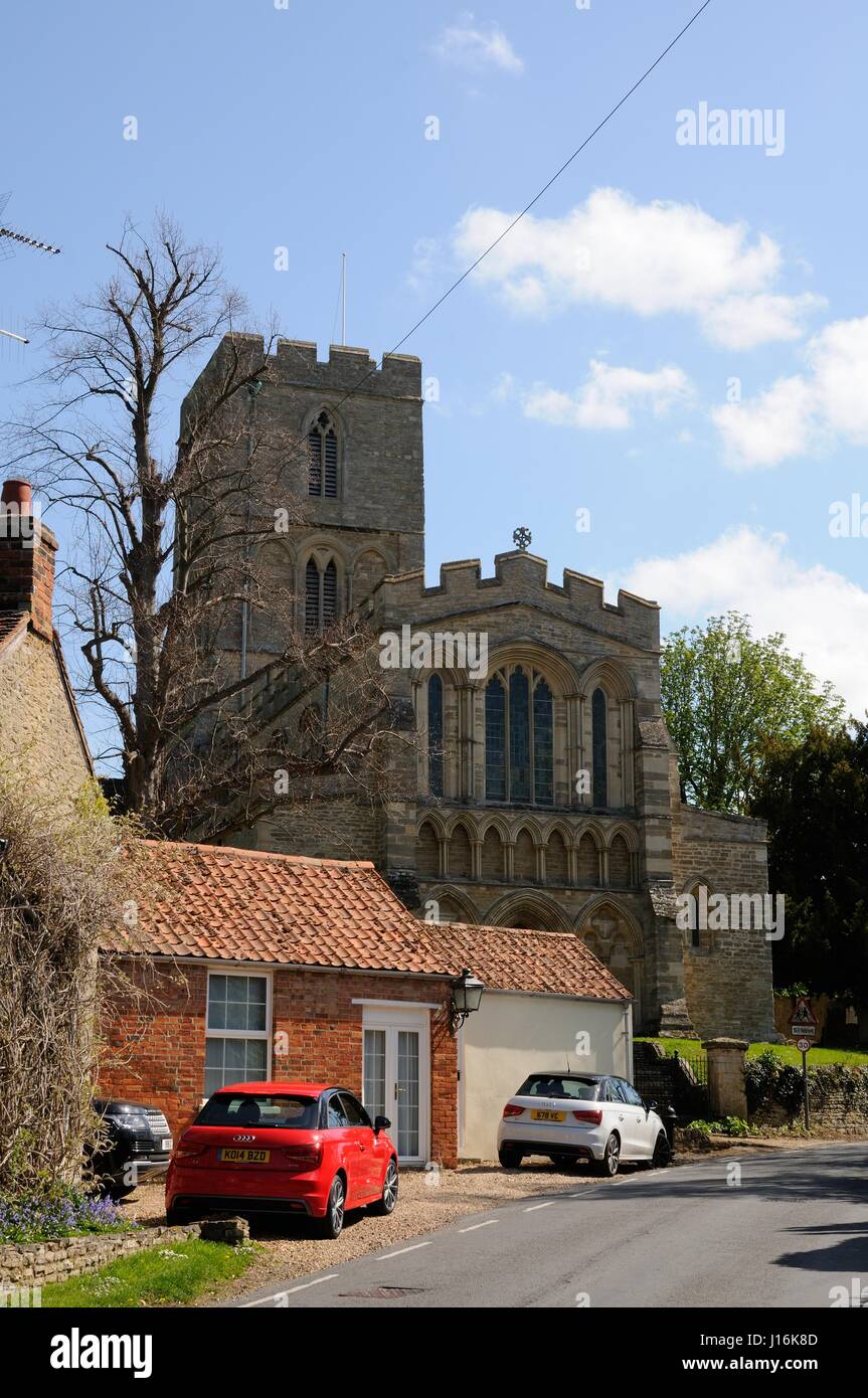 St Mary's Church, Felmersham, Bedfordshire, stands high above the road overlooking the River Ouse. Stock Photo