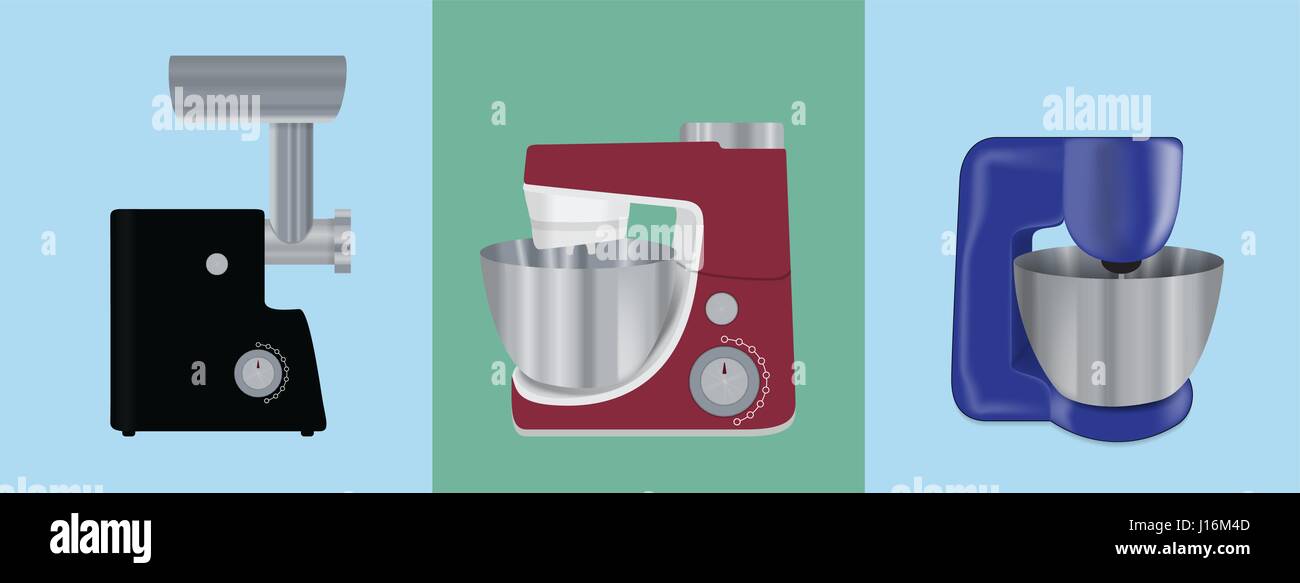 Set of Kitchen appliances. Electric mixer, meat mincer, food pro Stock
