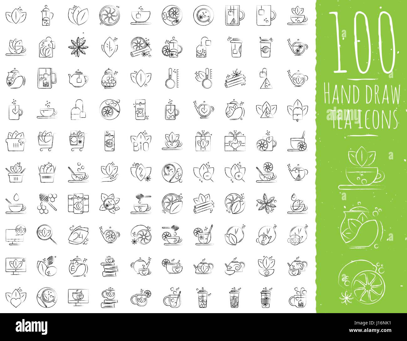 Tea hand draw icon set - cup, bag, kettle with spices and lemons ...