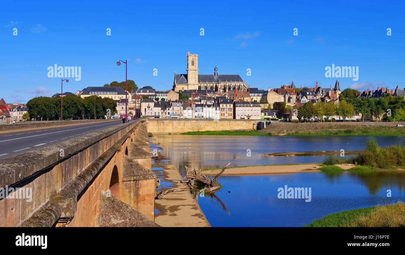 Nevers in Burgundy, cathedral and river Loire, France Stock Photo
