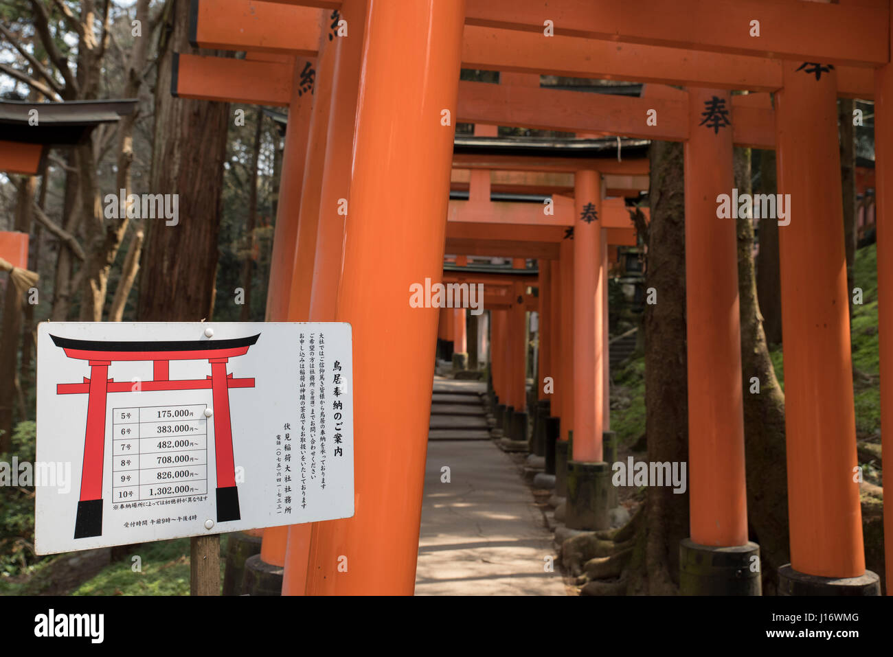 Sign Displaying Sizes And Prices Of Torii Gates That Can Be Donated To Fushimi Inari Shrine Kyoto Japan Stock Photo Alamy
