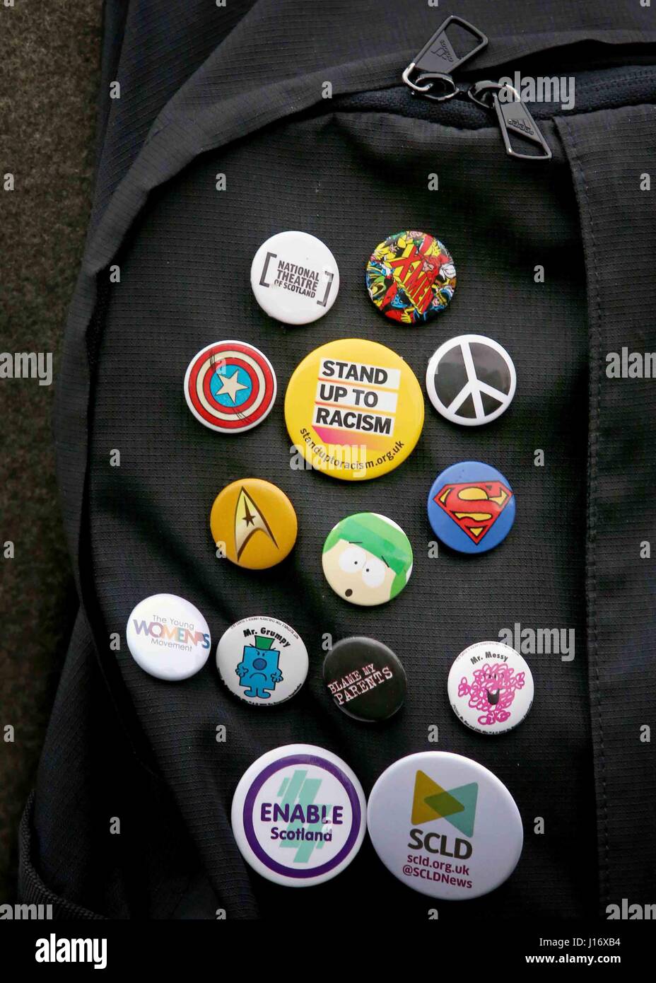 A general view of badges in a backpack Stock Photo - Alamy