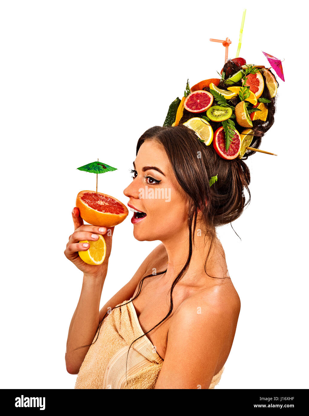 Girl Drinking Fruit Cocktail On Summer Party Woman Fruits