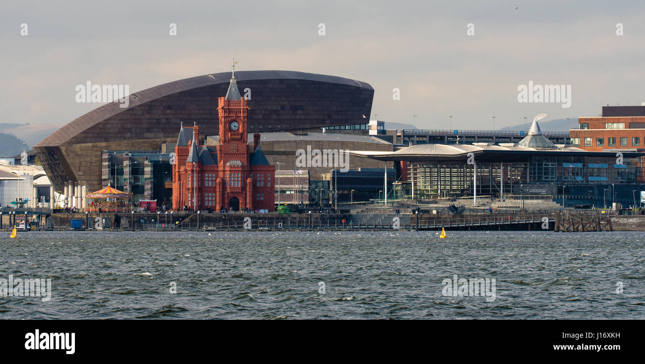 Cardiff Bay Seafront with National Assembly for Wales. Pierhead Building and Wales Millenium Centre with Assembly complex in Cardiff Bay, Wales, UK Stock Photo