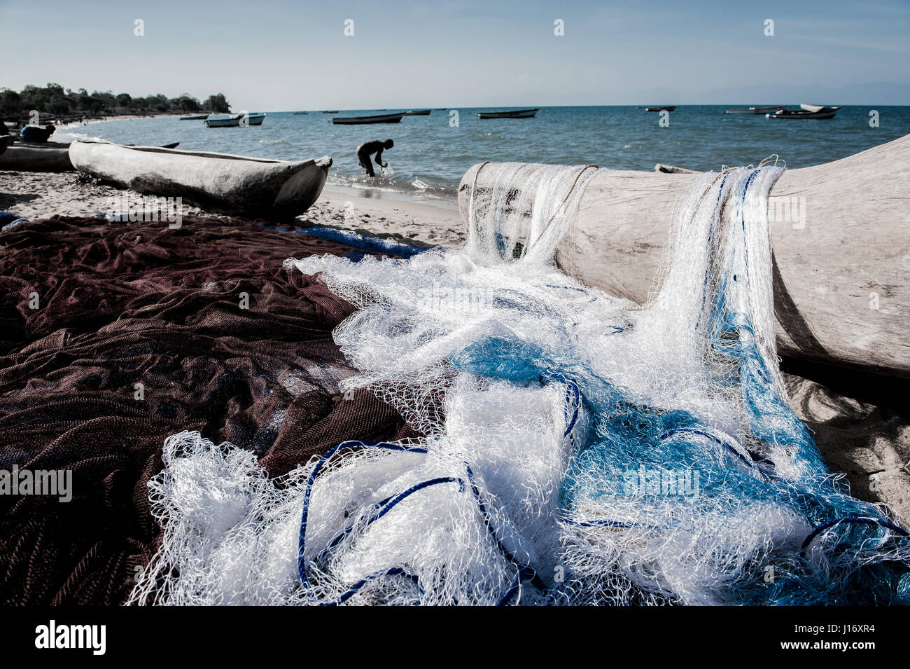 Fishing boats and nets on the shores of Lake Malawi Stock Photo