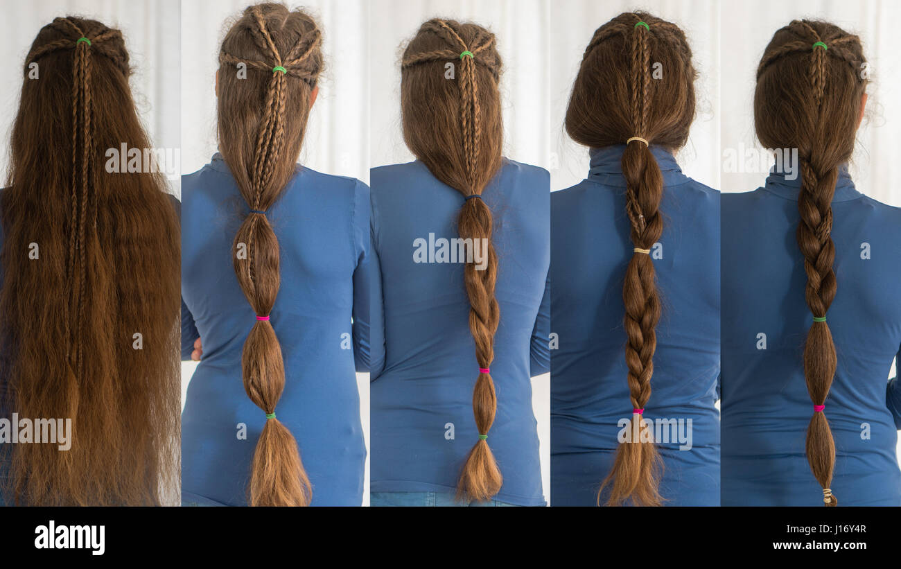 Renaissance hairstyles for long hair. Collection of traditional plait styles modelled by girl with very long golden hair Stock Photo