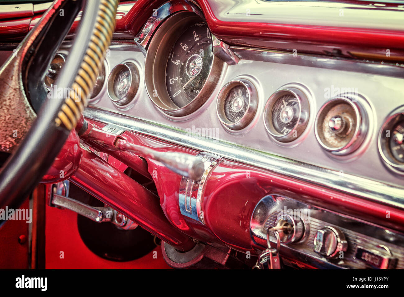 Inside of a vintage classic american car in Cuba, vintage process Stock Photo