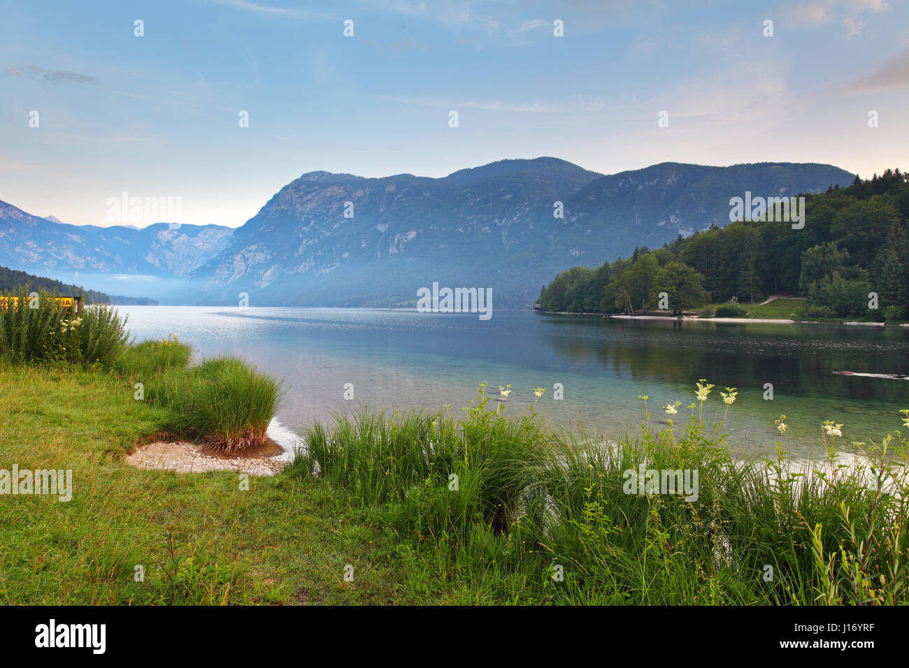 Beautiful view. Lake, mountain, reflection. Lake Bohinj. Slovenia Stock Photo