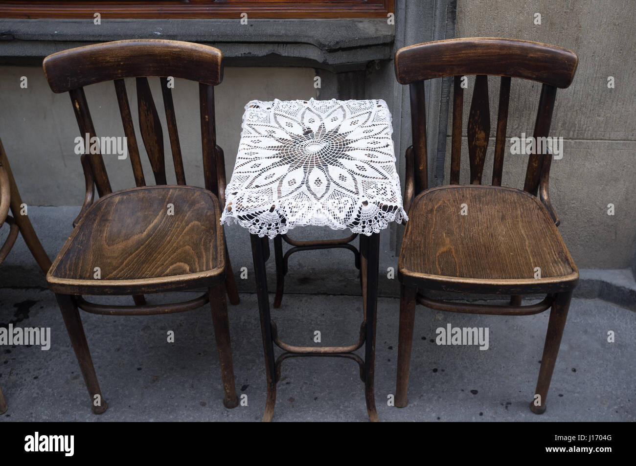 Lace tablecloth on street table, Budapest Hungary Stock Photo