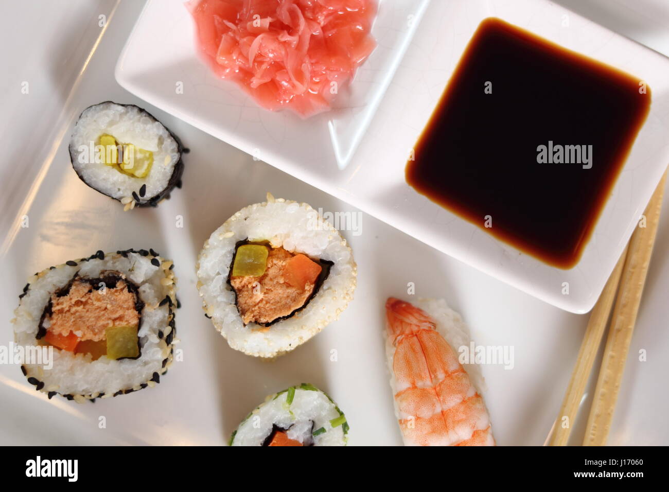 Japanese Sushi Set with Soy Sauce, Wasabi and Pickled Ginger Stock