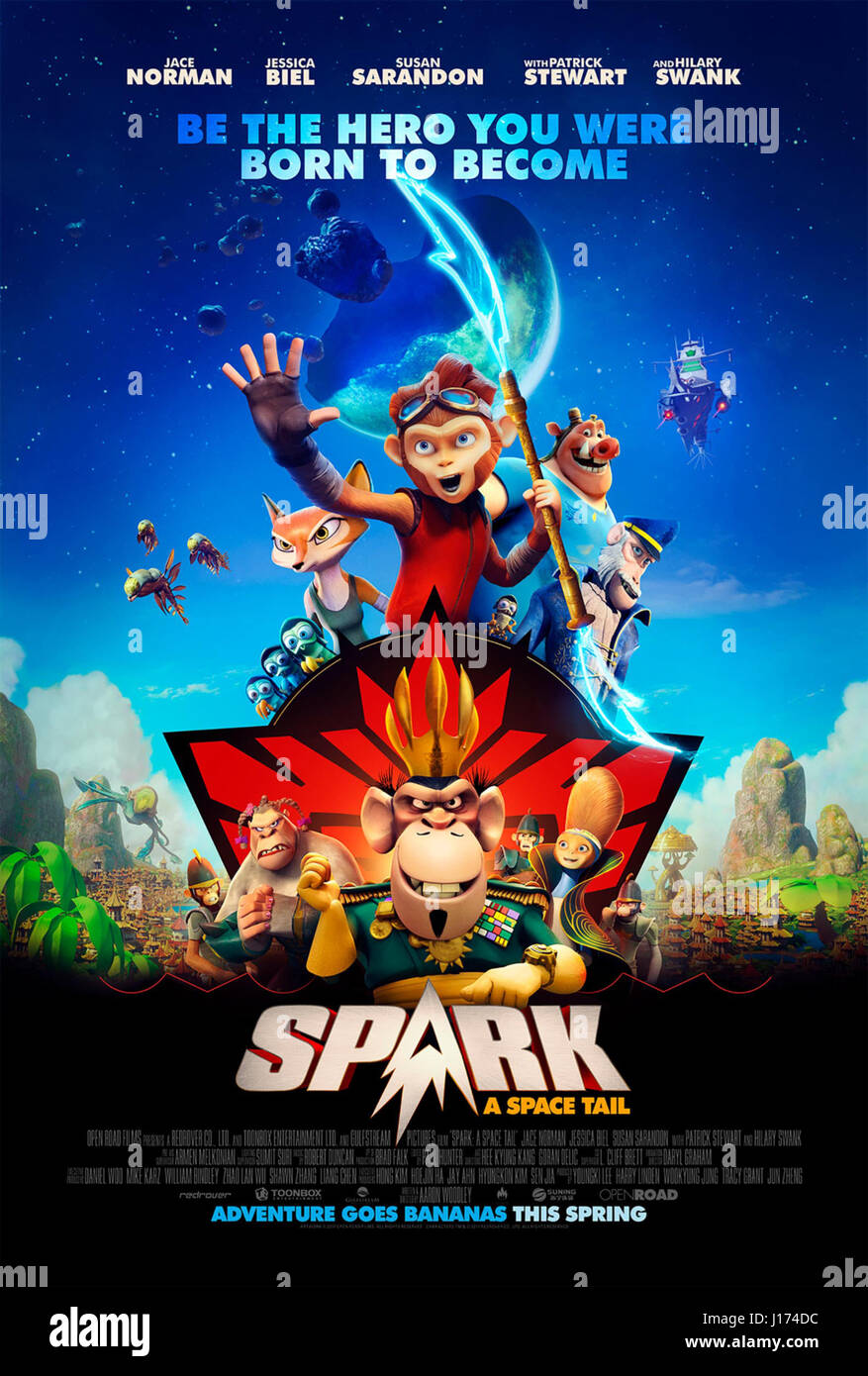 SPARK: A SPACE TAIL, US poster, top left: Vix (voice: Jessica Biel), top  center: Spark (voice: Jace Norman), top second from right: Chunk (voice: Rob  deLeeuw), bottom center: General Zhong (voice: Alan