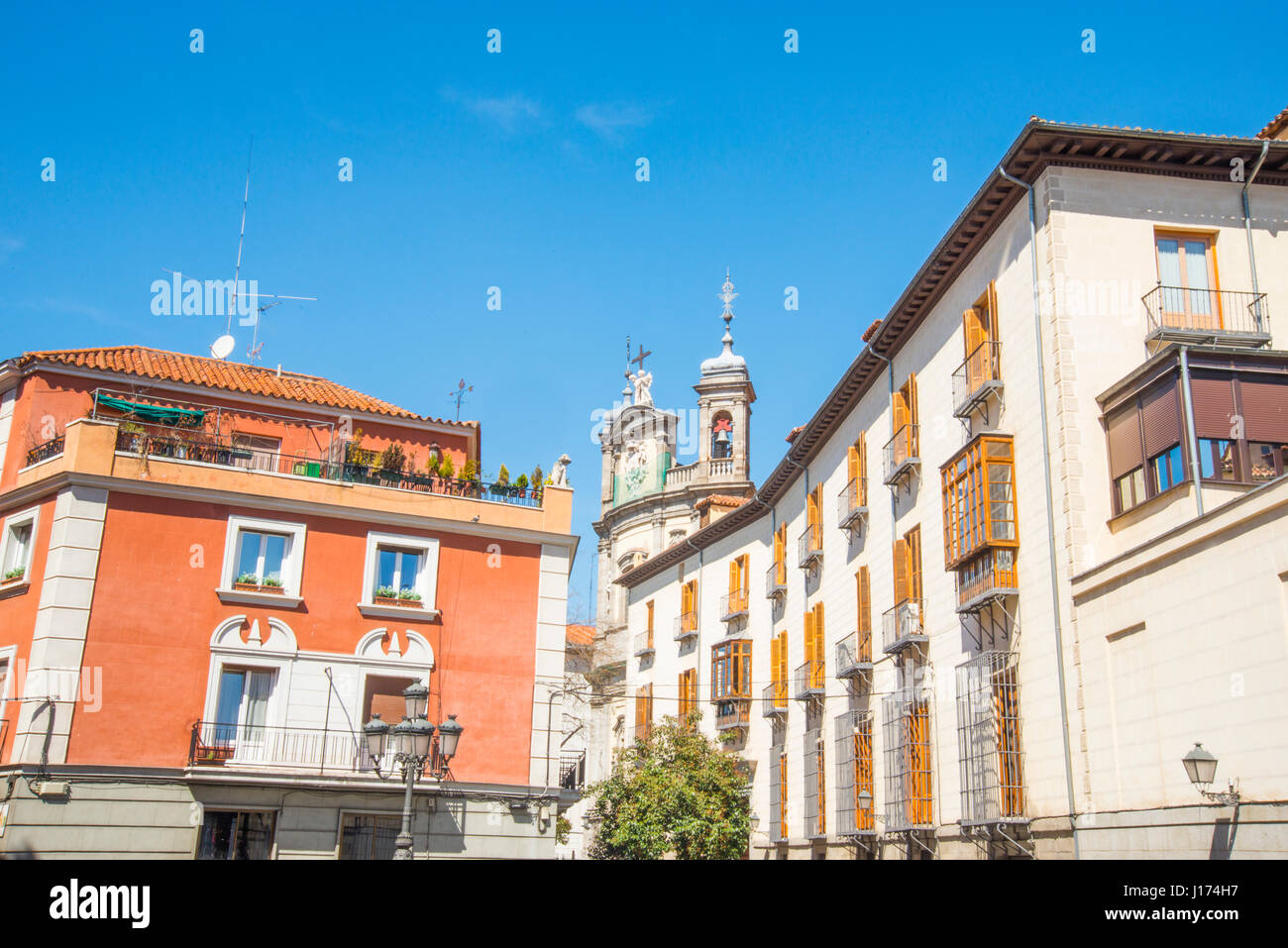 Facades of houses. Austrias district, Madrid, Spain. Stock Photo