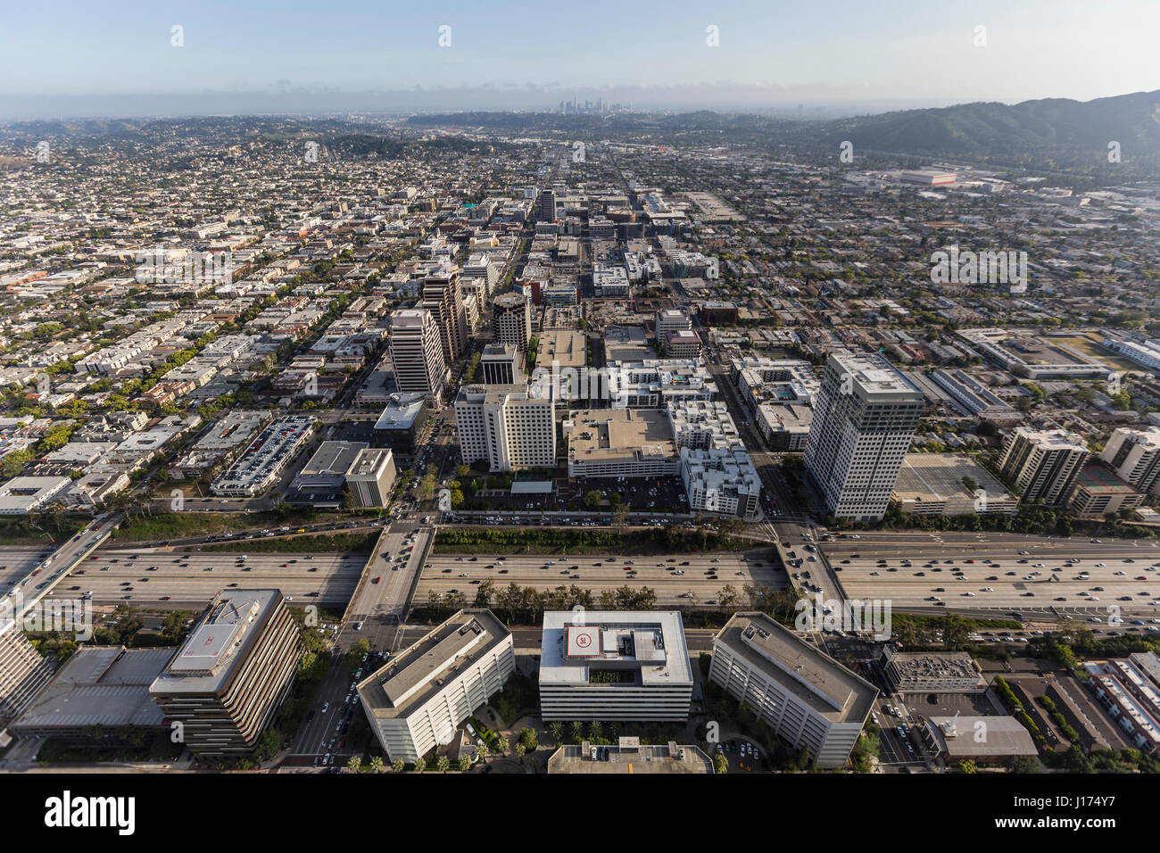 Aerial view of downtown Glendale with Los Angeles California in