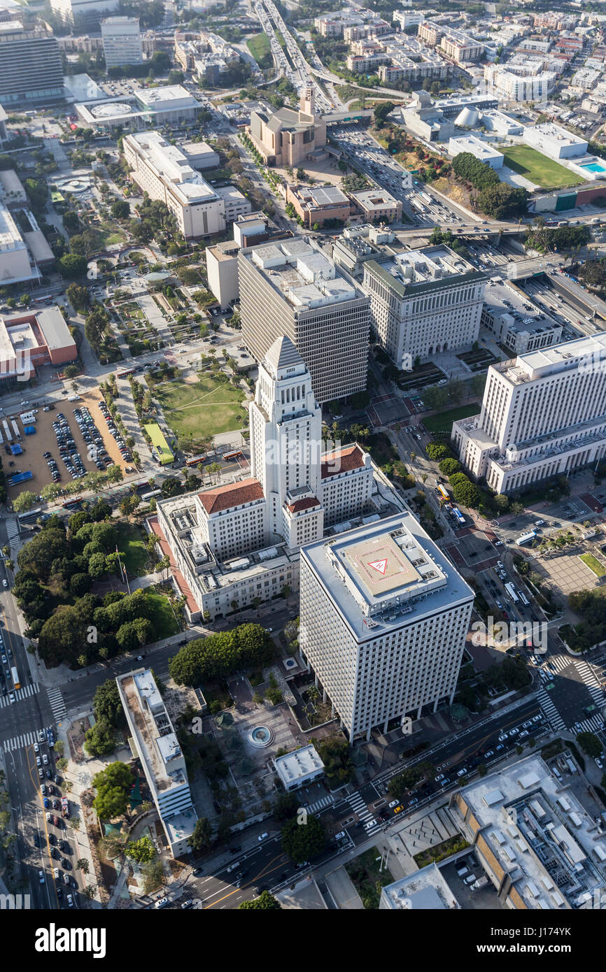 Aerial view of Los Angeles City Hall and downtown Civic Center buildings. Stock Photo