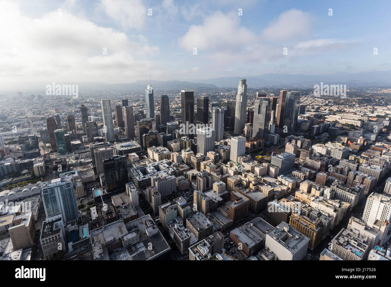 Aerial view of downtown Los Angeles with afternoon clouds in Southern ...
