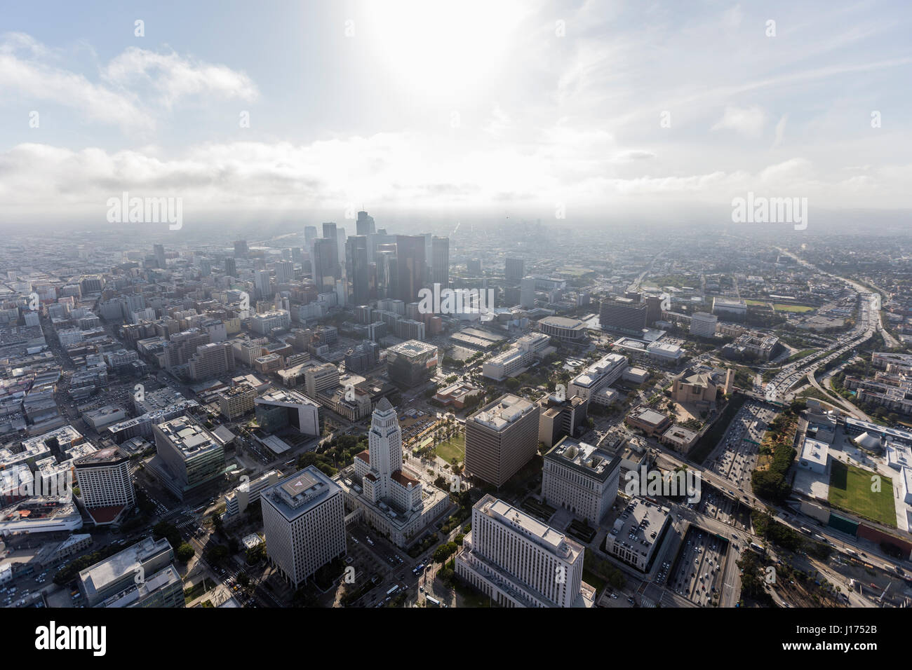 Aerial view of afternoon clouds over downtown Los Angeles in Southern California. Stock Photo