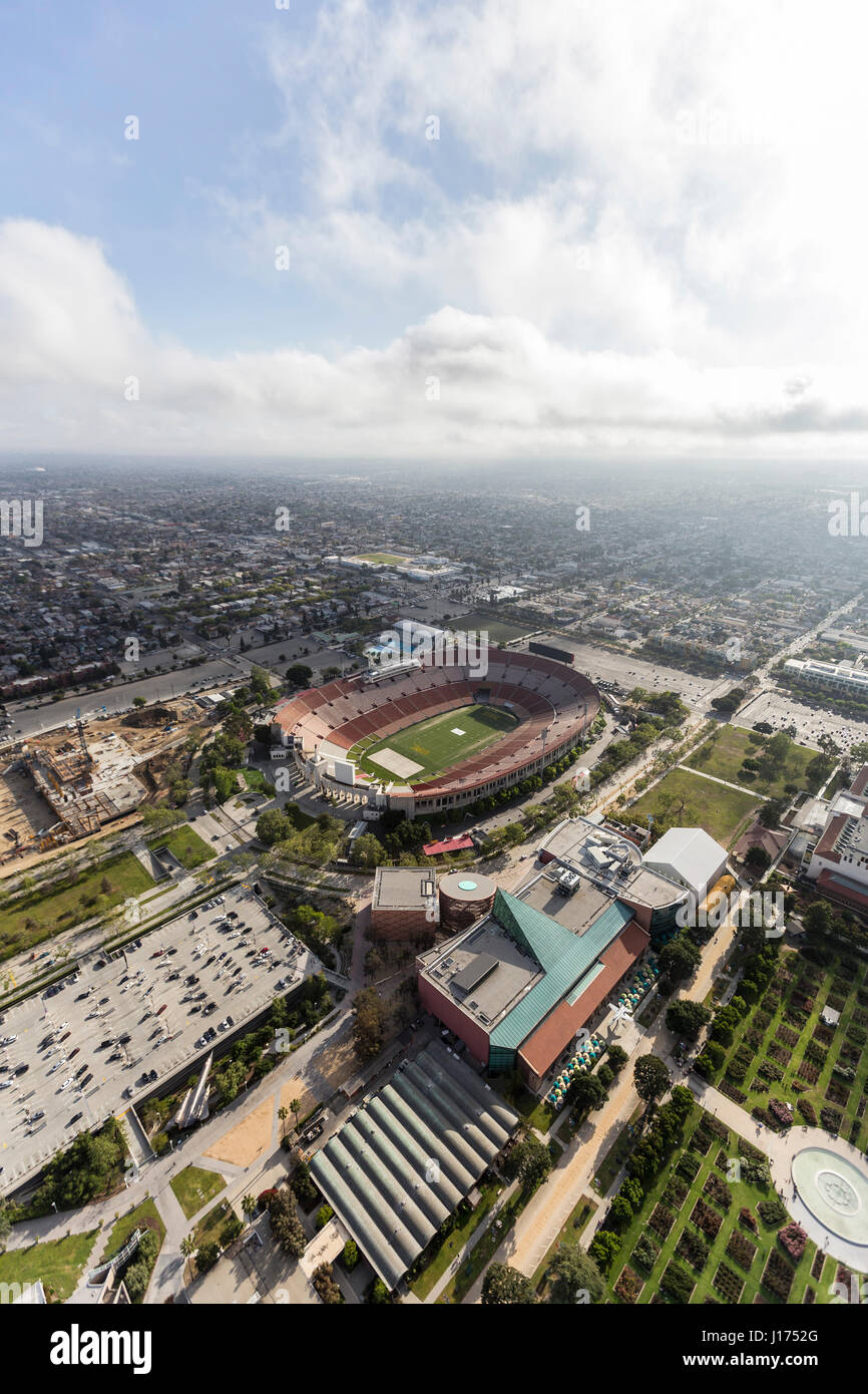 Los Angeles, California, USA - April 12, 2017:  Aerial view of historic Coliseum Stadium and Exposition Park. Stock Photo
