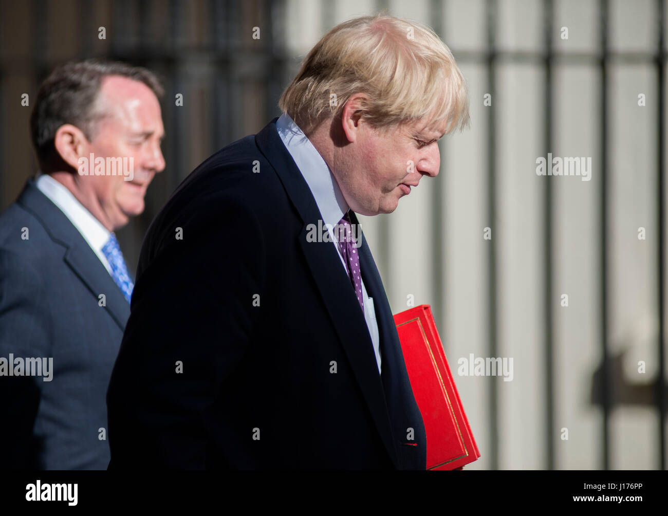 Downing Street, London UK. 18th April, 2017. Cabinet Ministers arrive for the first Tuesday morning cabinet meeting after Easter break before PM Theresa May announces a snap election for 8th June 2017. Photo: Foreign Secretary Boris Johnson MP arrives with International Trade Secretary Liam Fox MP. Credit: Malcolm Park/Alamy Live News. Stock Photo