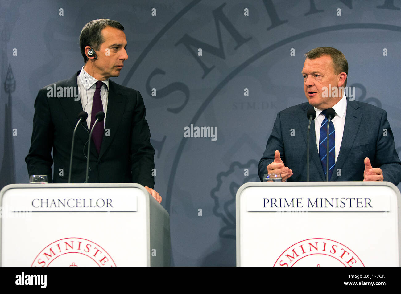 Copenhagen, Denmark. 18th Apr, 2017. Austrian Chancellor Christian Kern and Danish Prime Minister Lars Loekke Rasmussen holds a joint press meeting at the Ministry of State during Kern's visit to Denmark. An important topic on the agenda for their meeting was to discuss current EU issues and in particular Brexit prior to the EU top meeting in Brussels later this month. Credit: OJPHOTOS/Alamy Live News Stock Photo