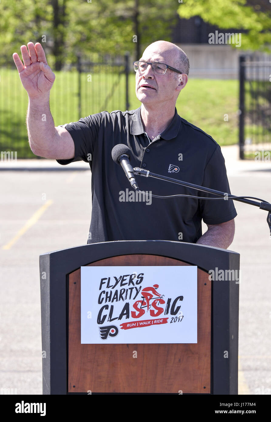 Philadelphia, Pennsylvania, USA. 18th Apr, 2017. Flyers Director of Community Development and Alumni Association President BRAD MARSH, announces the First Annual Flyers Charity Classic at a presser held at the Wells Fargo Center, home of the Philadelphia Flyers Credit: Ricky Fitchett/ZUMA Wire/Alamy Live News Stock Photo