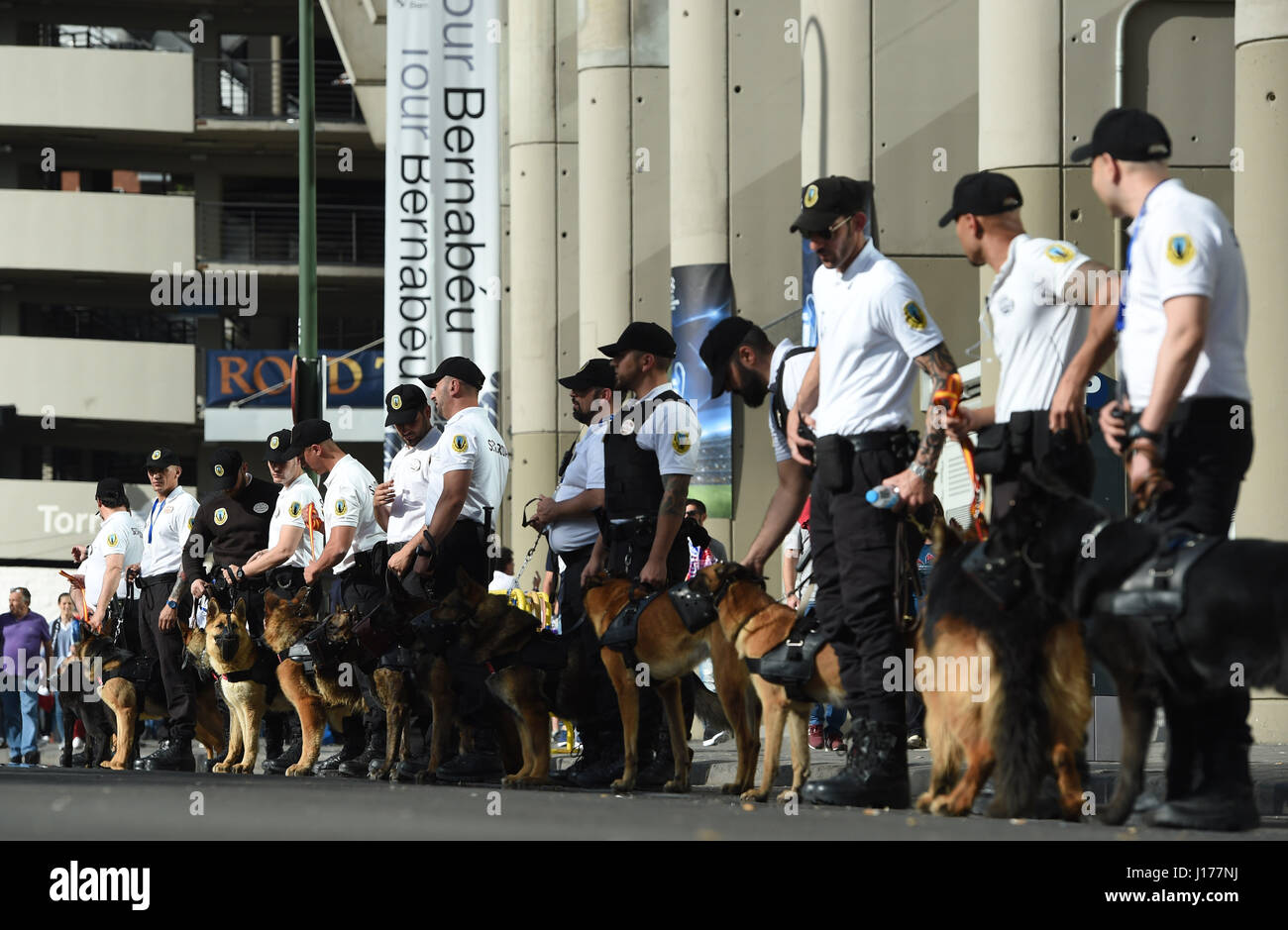 Madrid, Spain. 18th Apr, 2017. Dog handlers of a security service and their dogs can be seen outside the stadium before the Champions League quarterfinals second leg match between Real Madrid and Bayern Munich at the Santiago Bernabeu Stadium in Madrid, Spain, 18 April 2017. Photo: Andreas Gebert/dpa/Alamy Live News Stock Photo