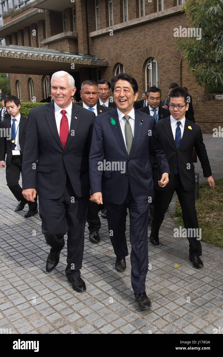 Tokyo, Japan. 18th Apr, 2017. U.S. Vice President Mike Pence, left, walks with Japanese Prime Minister Shinzo Abe prior to their bilateral meeting at the official residence at Chiyoda Ward April 18, 2017 in Tokyo, Japan. Pence is on his first official visit to Japan as vice president. Credit: Planetpix/Alamy Live News Stock Photo
