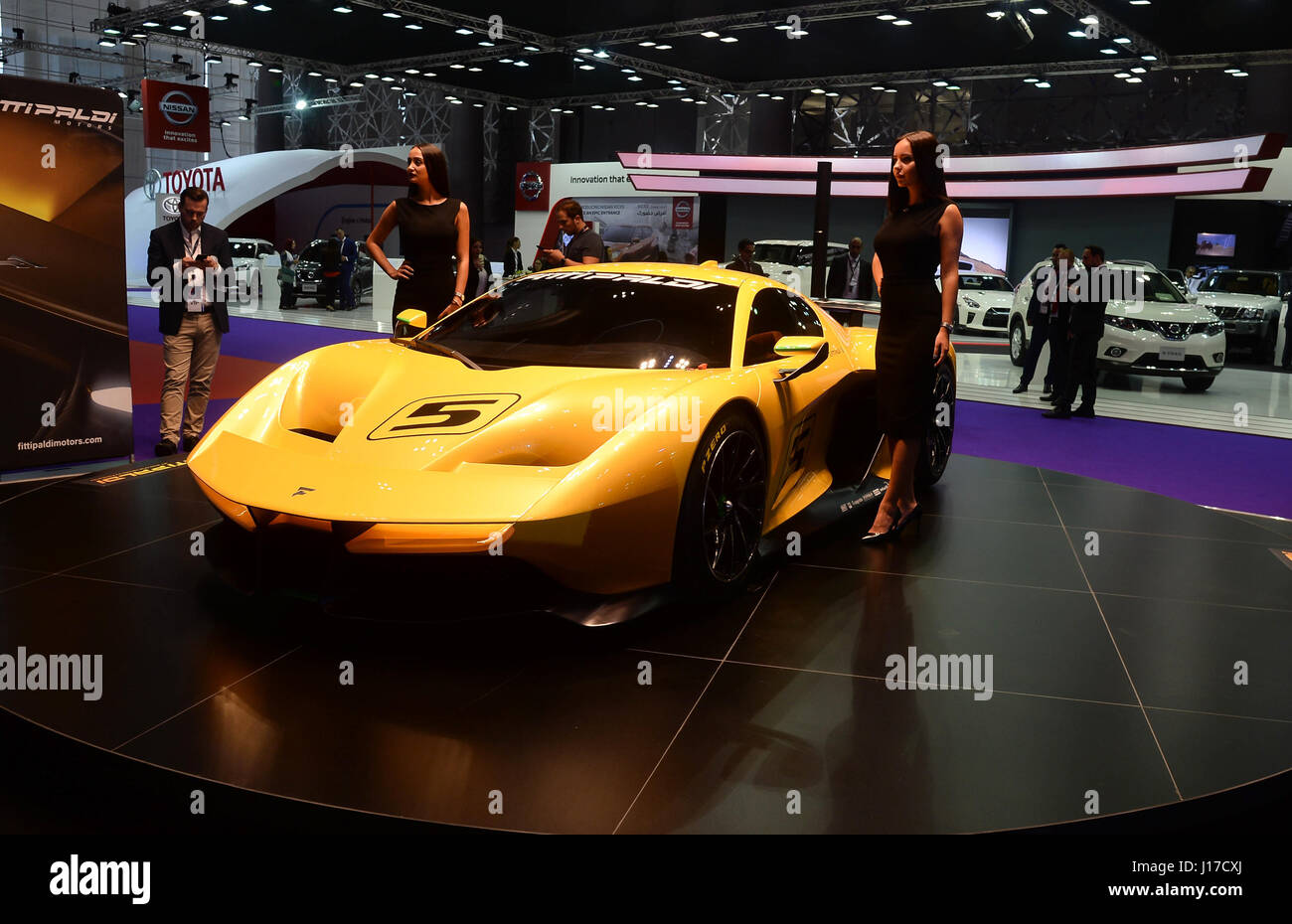 Doha, Capital of Qatar. 18th Apr, 2017. A Pininfarina SpA Fittipaldi EF7 Vision Gran Turismo racing automobile is displayed during the Qatar Motor Show 2017 at the Doha Exhibition and Convention Center in Doha, Capital of Qatar, April 18, 2017. The five days of the show will witness hybrid cars, connected cars and some of the most tech-advanced vehicles in the world. Credit: Nikku/Xinhua/Alamy Live News Stock Photo