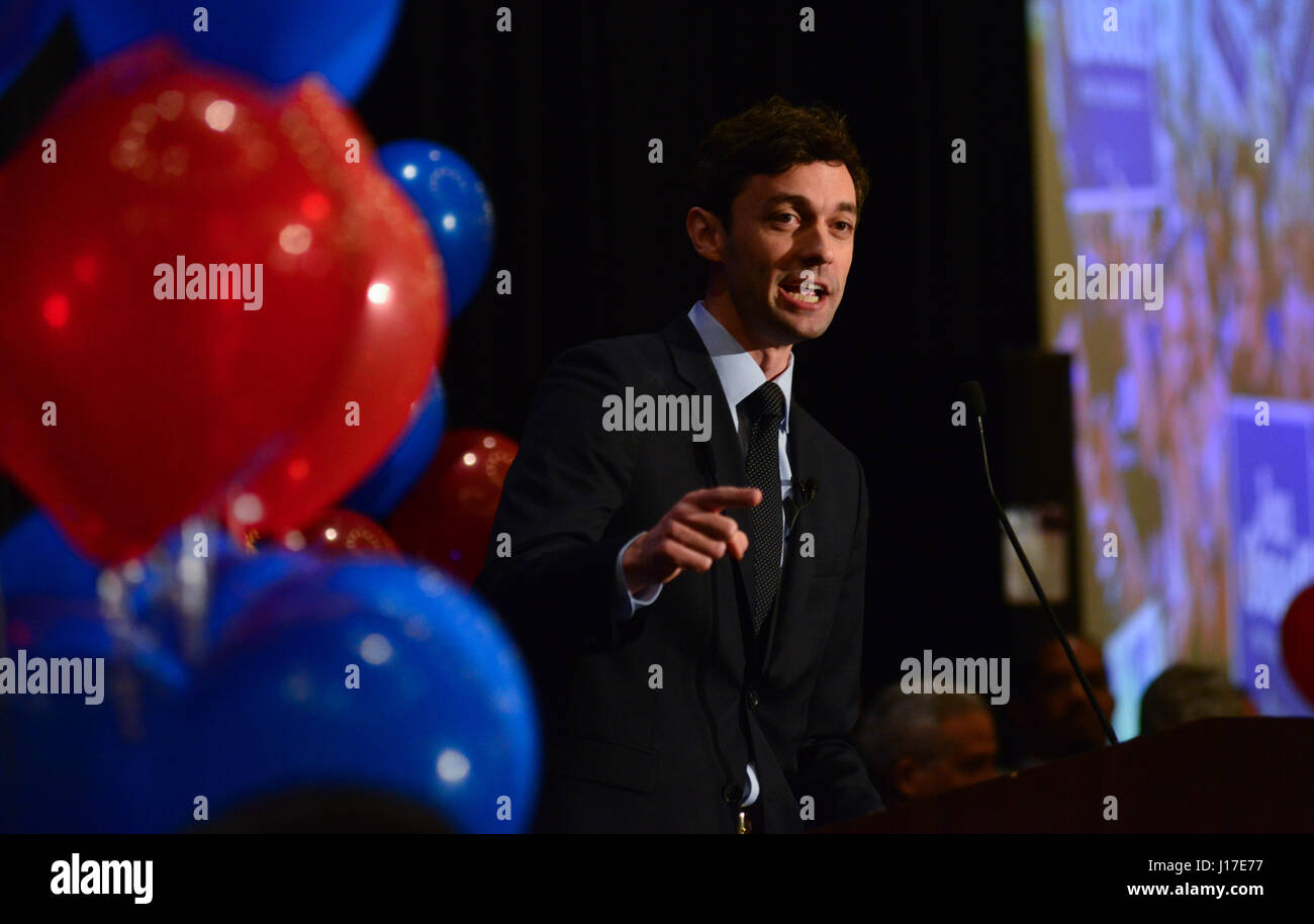 Atlanta, Georgia, USA. 18th Apr, 2017. Democrat Jon Ossoff addresses supporters Tuesday night as results in Georgia's special House election showed he will head into a runoff with GOP candidate Karen Handel in June. In a huge field, Ossoff finished first with nearly 50 percent of the vote, and is aiming for a historic win in a district held by the GOP since 1979. Credit: Miguel Juarez Lugo/ZUMA Wire/Alamy Live News Stock Photo