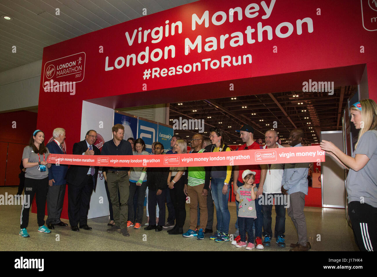 London, UK. 19th Apr, 2017. Prince Harry opens the 2017 Virgin Money London Marathon Expo at ExCeL London where thousands of runners will register over the following four days for this Sunday's 37th edition of the race. Prince Harry is Patron of the London Marathon Charitable Trust and, together with The Duke and Duchess of Cambridge, is spearheading the Heads Together campaign to end the stigma around mental health and start a national conversation on mental wellbeing for everyone. Credit: Vibrant Pictures/Alamy Live News Stock Photo